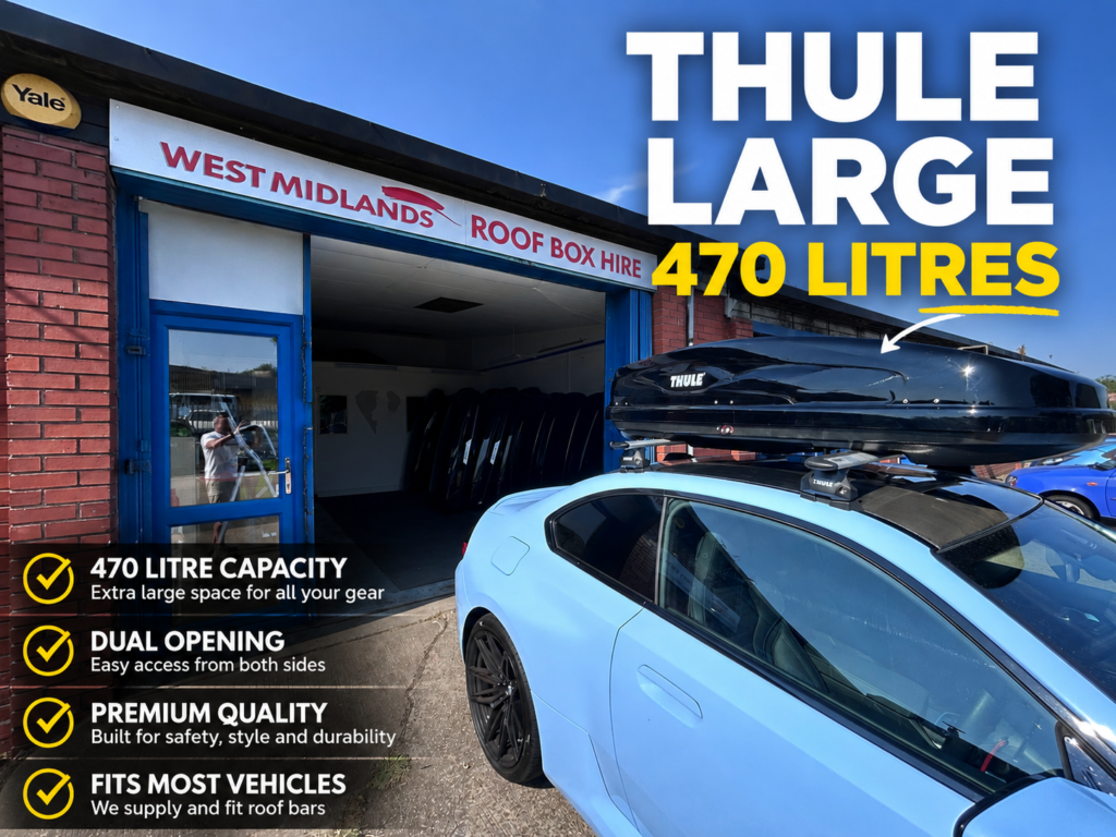 Large 470 litre roof box available to hire in Tamworth